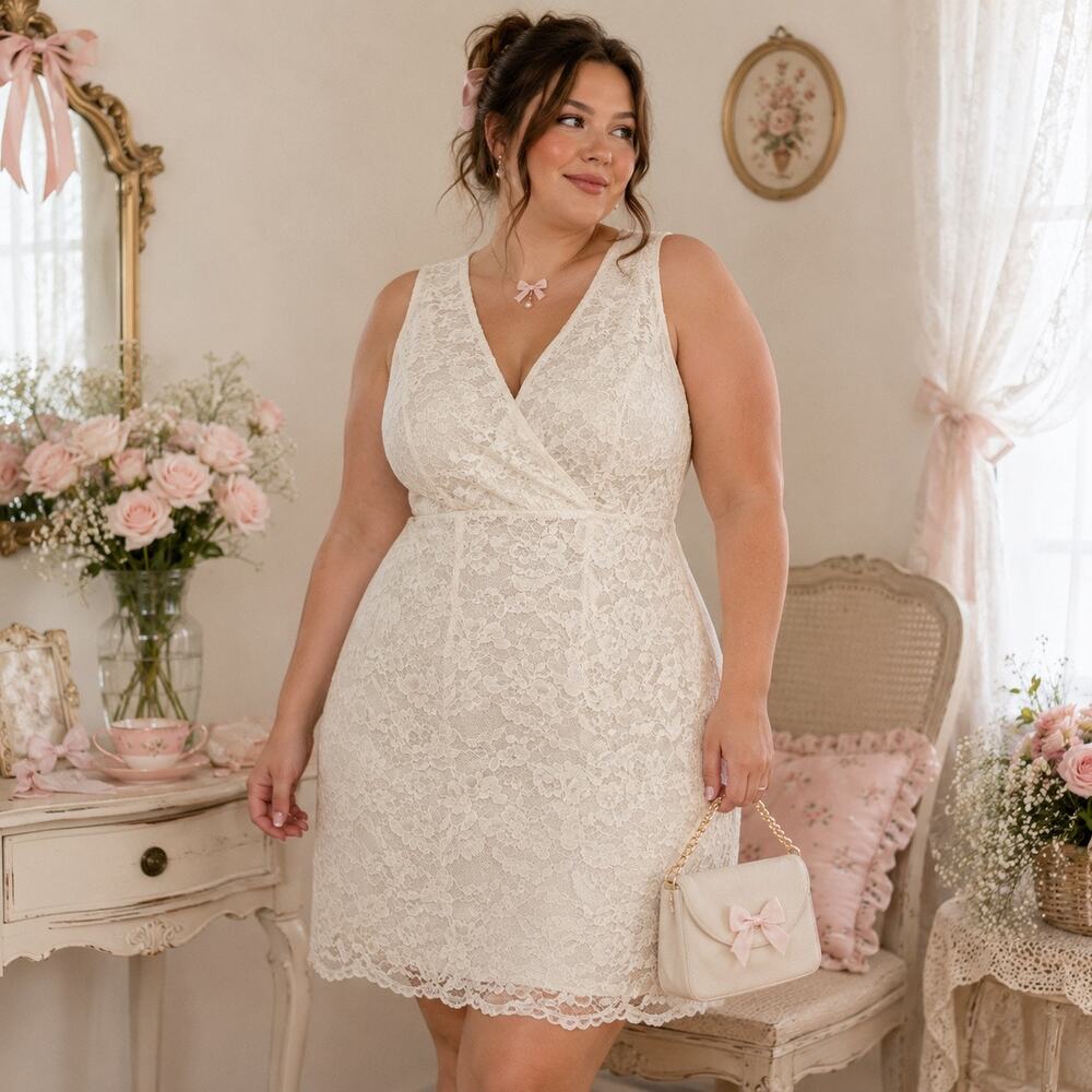 Candalite Lace Sheath Dress Sz S White NWT Wedding Bridal Shower Coquette Wrap
